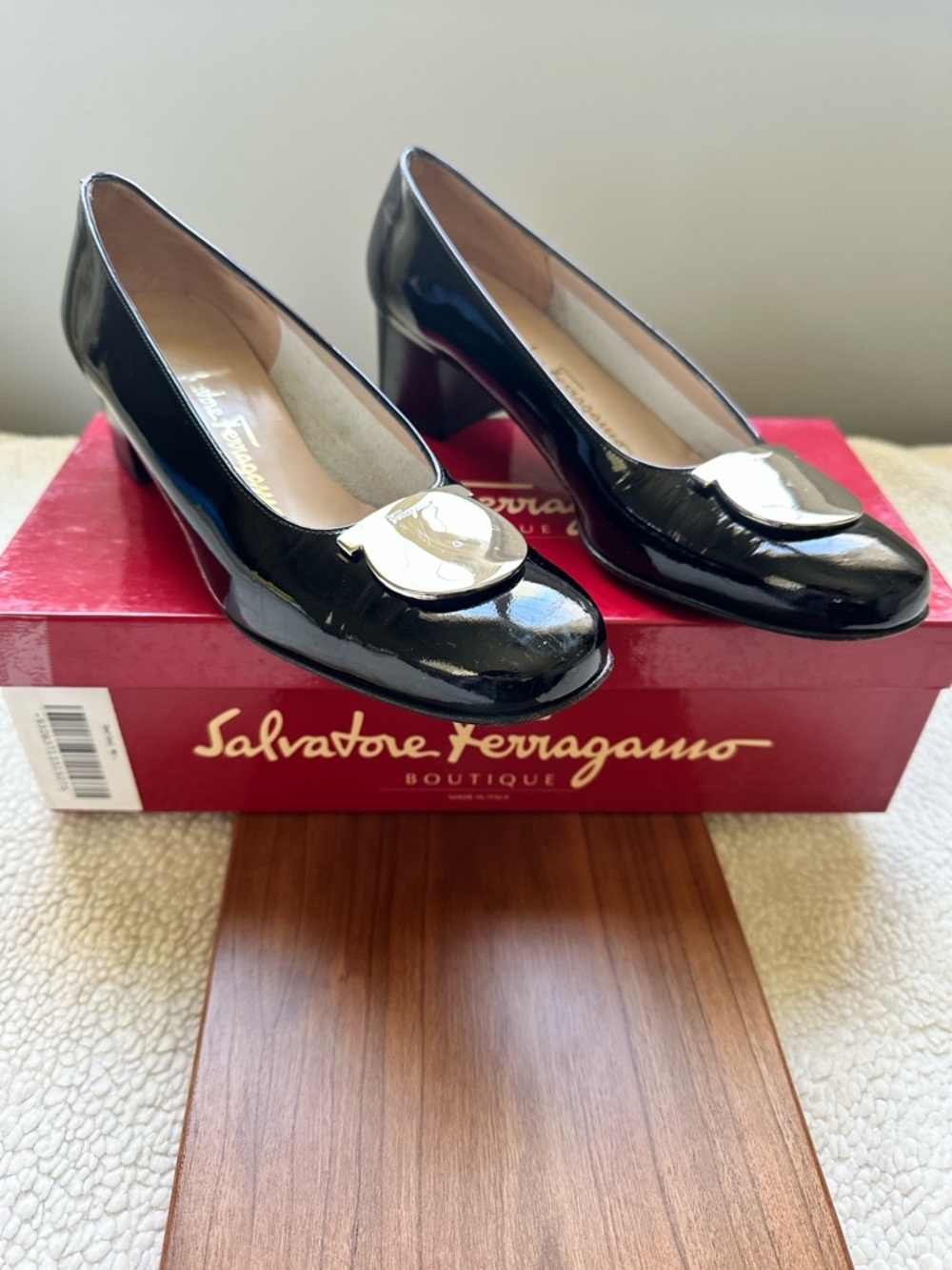 Salvatore Ferragamo Black Patent Leather Mid Heel Pumps with Silver Medallion